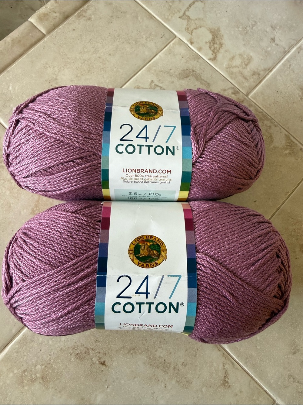 Lions Brand Yarns 24/7 Cotton Yarn - Dusty Rose Pink - Lilac 2 Skeins